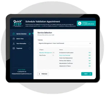 Quick Step scheduling platform on a tablet showing the validation appointment booking screen with immigration service selection including Green Card Renewal
