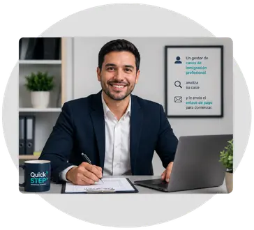 Professional immigration case manager at his desk reviewing a client's Green Card renewal case with laptop and documents