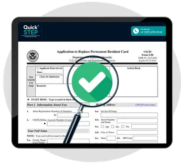 Form I-90 Application to Replace Permanent Resident Card on a tablet with a magnifying glass and green checkmark representing professional error review