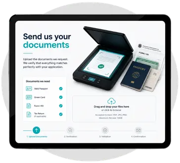Document upload screen on a tablet with scanner, passport and required documents checklist including valid passport, Green Card and Form I-90