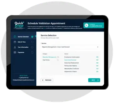 Quick Step scheduling platform showing the free validation appointment booking screen for Form I-751 removal of conditions