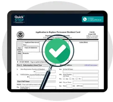 Form I-751 Petition to Remove Conditions on Residence on a tablet with magnifying glass and green checkmark for professional review